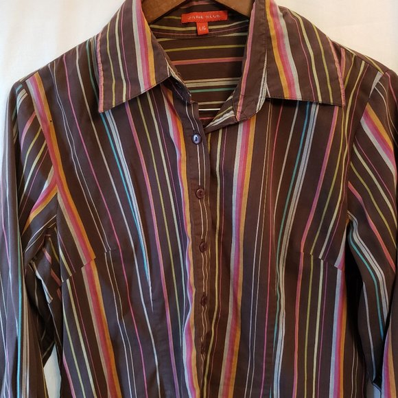 Jane Blue Brown Multicolor Striped Collared Button Cotton Dress Shirt L G - Picture 3 of 12